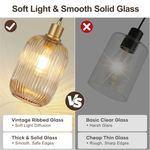 1 Pack Pendant Lights with Vintage Amber Ribbed Glass Lampshade, Adjustable Brushed Gold Pendant Lights Fixtures for Kitchen Island Lighting Sink, Dining & Living Room Hallway (Bulbs Not Included) - color: 1 Pack Brushed Gold + Amber Glass