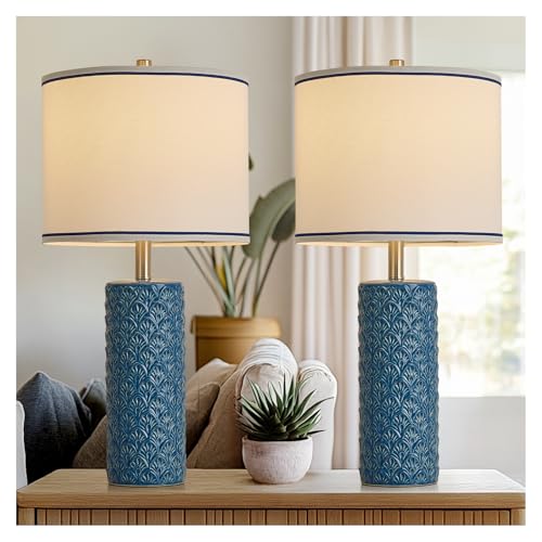 27" Farmhouse Bedside Table Lamp Set of 2, Bule Modern Ceramic Lamps for Living Room, 3 Color Temperature Rustic Table Lamps for Bedroom, Night Stands, Dorm,Office, Home Décor (Bulb Included) - color: Bule, size: 27"