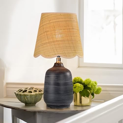 Pia Ricco 19" Modern Ceramic Table Lamp for Living Room Cream Base Desk Lamps for Bedroom Farmhouse Bedside Nightstand Lamp End Table Lamps,White Striped Black Base,Rattan Shade - color: White Striped Black Base
