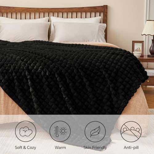 BEDELITE Black Blanket Twin Size for Bed- Super Soft Lightweight 3D Checkered Fluffy Fuzzy Fleece Blanket, Luxurious Plush Cozy Blanket for Room Home Decor, Gift for Women, 60x80 inches - color: Black, size: Twin(60"x80")
