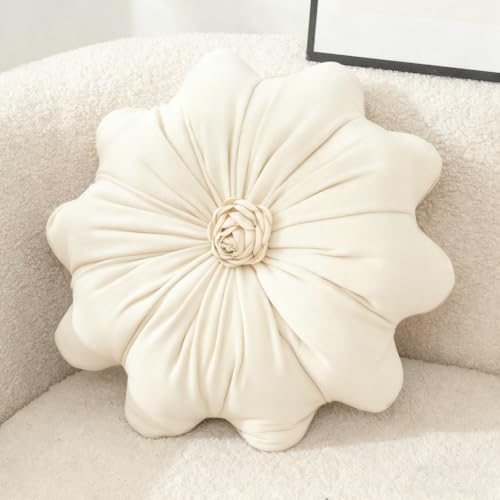 15.7 Inches Round Throw Pillows Velvet Flower Chair Cushion for Couch Sofa Chair Bed Home Decoration (Beige) - color: Beige