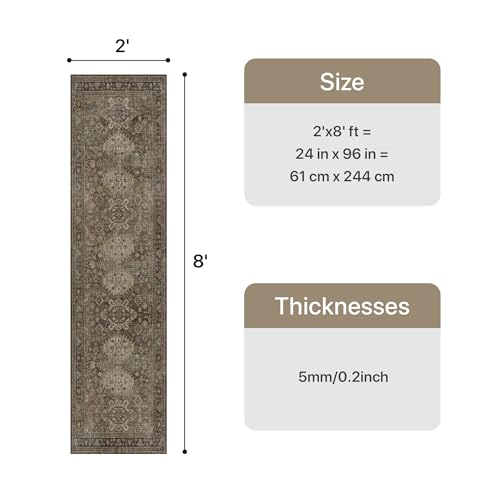 Bavni Washable Runner Rug 2x8, Non Slip Long Hallway Rug, Vintage Print Low Pile Ultra Thin Washable Carpet for Kitchen Bedroom, Brown - color: Brown, size: 2' x 8' (Rectangular)