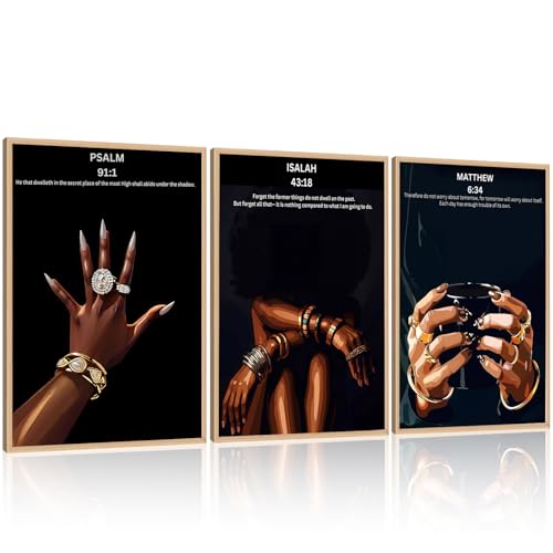 Framed Set of 3 Black Christian Girl camvas Wall Art Bible Verse Scripture Picture Prints Faith Inspirational Painting Poster Wall Decor for Living Room Bedroom Prayer Room Solid Wood 16x24 Inches - color: Bible Framed, size: 16"L x 24"W