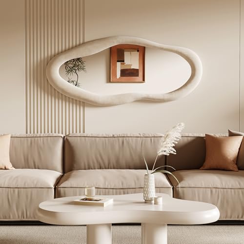 Honyee 55" x 24" Wall Mirror, Flannel Wrapped Wooden Frame Wavy Mirror, Irregular Mirror Hanging for Cloakroom/Bedroom/Living Room, Ivory White - color: Ivory White, size: 55"L x 24"W