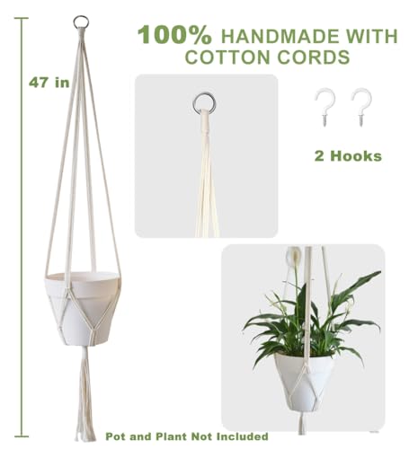 2 Pack Macrame Plant Hanger 47 Inches,Indoor Plant Hanger with Tassel for Boho Home Decor, Hanging Plant Holder with 2 Hooks (Ivory)