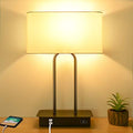 3-Way Dimmable Touch Control Table Lamp with 2 USB Ports and AC Power Outlet Modern Bedside Nightstand Lamp Fabric Shade and Metal Base for Guestroom Bedroom Living Room Hotel LED Bulb Included White - color: White