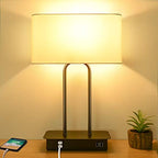 3-Way Dimmable Touch Control Table Lamp with 2 USB Ports and AC Power Outlet Modern Bedside Nightstand Lamp Fabric Shade and Metal Base for Guestroom Bedroom Living Room Hotel LED Bulb Included White - color: White