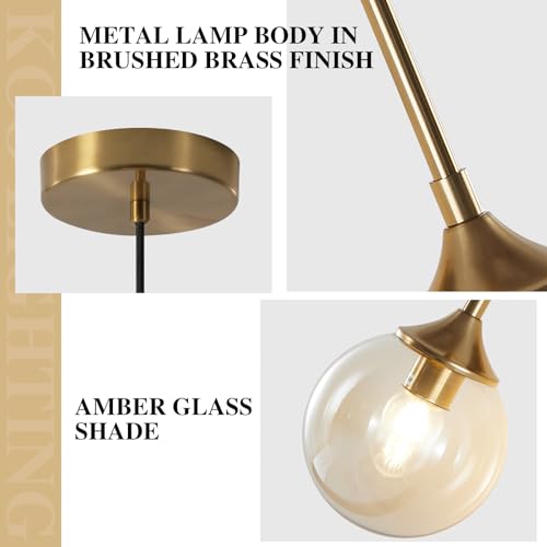 KCO Lighting Mid Century Modern Pendant Chandelier Amber Glass Hanging Lamp Gold Globe Pendant Lights Kitchen Island Brushed Brass Pendant Light Large Kitchen Pendant Lighting Over Island - color: Amber