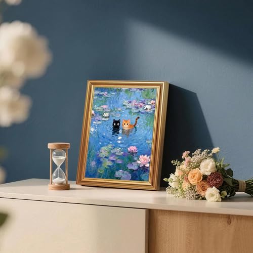 ICHZUMW Gold Framed Funny Cat Canvas Wall Art, Monet Style Water Lily Painting with Black and Orange Cats, Whimsical Animal Wall Decor, Ready to Hang for Bedroom Living Room Bathroom, 8x10in - color: Monet’s Garden Cats, size: 10"L x 8"W