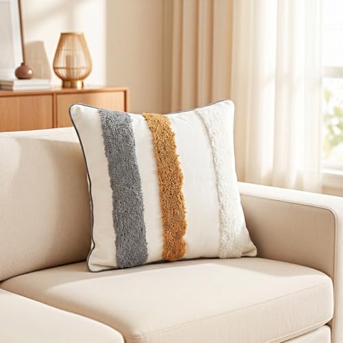 18in x 18in Geometric Tufted Pillow Cover, Neutral Gradient Stripe Cushion Case, Modern Textured Throw Pillow Sham for Sofa Bedroom Living Room, Boho Farmhouse Home Decor - color: Pastoral Style 1, size: 18" x 18" (Pack of 1)