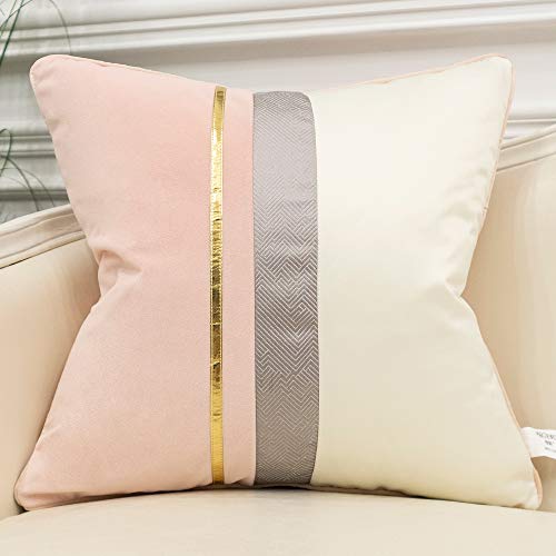 Avigers 16 x 16 Inches Pink White Gold Leather Striped Patchwork Velvet Cushion Case Luxury Modern Throw Pillow Cover Decorative Pillow for Couch Living Room Bedroom Car - color: Pink, size: 16" x 16" (Pack of 1)