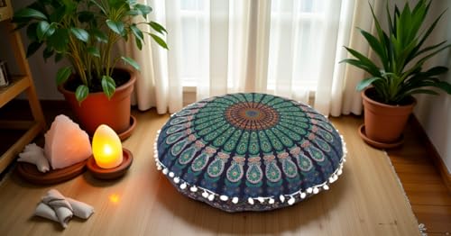 Round Mandala Floor Pillow Cover Seating Cushion Throw Cover Hippie Decorative Bohemian Ottoman Pouf Cover, Pom Pom Pillow Cases,Boho Indian 22 Inches (Blue) - color: Blue