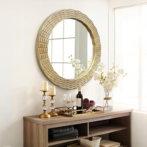 WAMIRRO Gold Round Wood Mirror, 36 Inch Hand Carved Solid Wood Frame Circle Mirror for Wall Mount, Farmhouse Boho Decor for Living Room, Bathroom, Bedroom, Hallway & Entryway - size: 36"L x 36"W