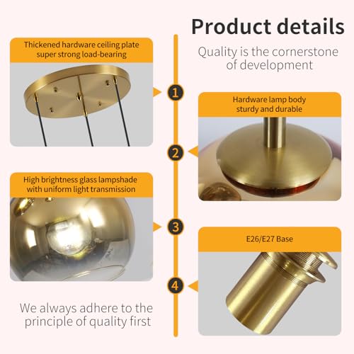 Mikeru Modern Gold Glass Chandelier, 3 Light Cluster Pendant Light Fixtures Kitchen Island Lighting Kitchen Island Pendant Lighting Hanging Lights Multi Light Large Pendant Lighting（Without Bulb） - color: Gold-3 Light