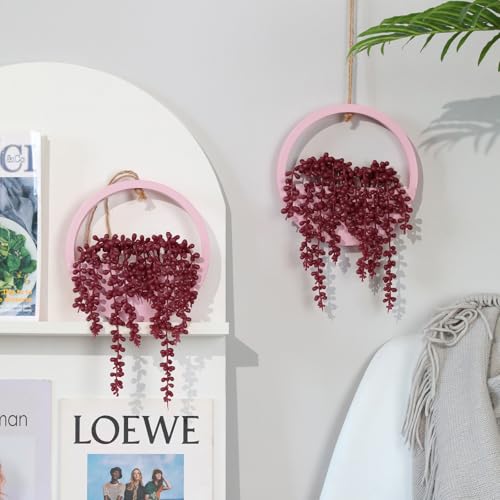 Artificial Hanging Plants Hanging Planter Fake Succulents Artificial String of Pearls with Pot and Lanyard for Home Office Wall Decoration - color: Pink, size: 2 Pcs