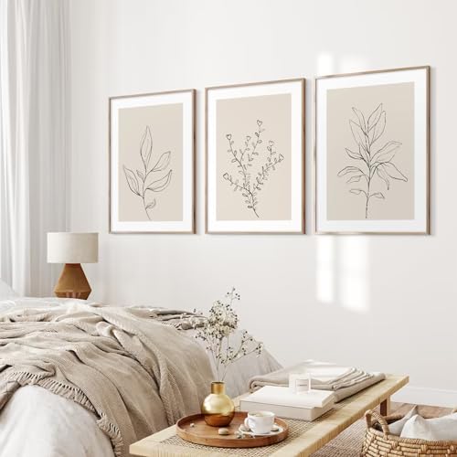 Botanical Wall Art Decor Set of 3 Neutral Wall Decor Boho Beige Canvas Wall Art Botanical Minimalist Pictures Botanical Neutral Prints Beige Posters Boho Artwork for Room Bedroom 24x36 Inch Unframed - color: Minimalist Art, size: 24x36 Inch Unframed