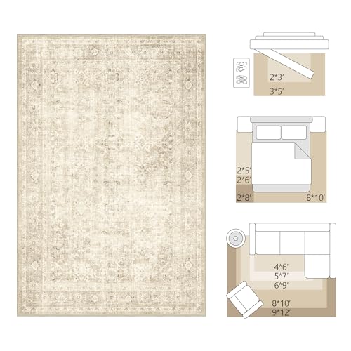 FMFUNCTEX 3x5 Washable Area Rug Beige Neutral Vintage Distressed Oriental Non Slip Low Pile Traditional Retro Indoor Carpet for Entryway Entrance Soft Rug Living Room Bedroom Kitchen Office Laundry - color: Beige, size: 3' x 5' (Rectangular)