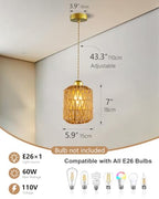 Boho Pendant Light, 6″ Hanging Lamp with Rattan Cylinder Lamp Shade, Small Wicker Pendant Lights Fixture, Rattan Chandelier Woven Pendant Lamp for Kitchen Island Dining Room Bedroom Hallway - color: 5.9″-Cylindrical