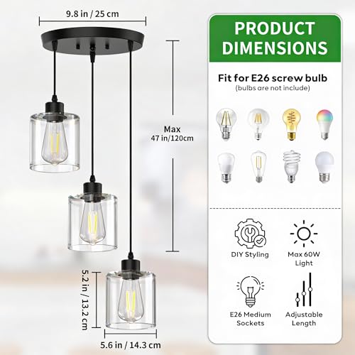 3 Light Pendant Lighting, Farmhouse Hanging Light Fixture for Kitchen Island & Dining Room, Industrial Vintage Ceiling Lamp with E26 Base, Adjustable Height, with Clear Glass 4.7" Shades - color: Round Base – Glass Pendant