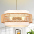 Boho Rattan Chandelier, 19.7" Large Boho Pendant Light with Fabric Lampshade, 4-Light Rattan Light Fixture Ceiling Hanging for Dining Room, Living Room, Bedroom, Kitchen Island, Hallway, Foyer - size: 19.7" Straight weaving