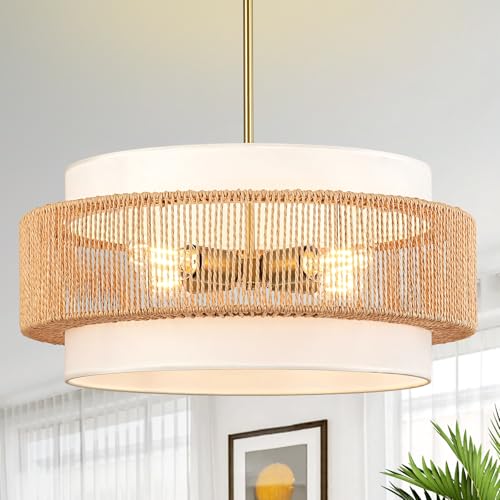 Boho Rattan Chandelier, 19.7" Large Boho Pendant Light with Fabric Lampshade, 4-Light Rattan Light Fixture Ceiling Hanging for Dining Room, Living Room, Bedroom, Kitchen Island, Hallway, Foyer - size: 19.7" Straight weaving
