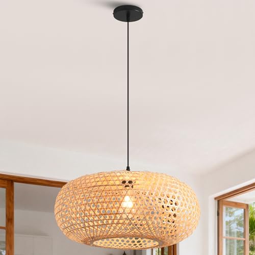 Parrot Uncle 22" Boho Pendant Light, Hand-Woven Farmhouse Chandelier for Dining Room, Bamboo Ceiling Light for Kitchen Island Bedroom Entryway, Natural Rattan Hanging Lamp with 47.24" Adjustable Cord - color: D3049