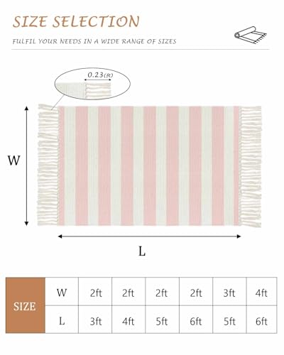 Pink Stripes Bathroom Rug 2'x3', Woven Cotton Area Rug with Tassels Washable Front Door Rugs, Farmhouse White Simple Vertical Striped Non Slip Throw Runner Rug Carpet for Entry Laundry Kitchen - color: Pink, size: 2 x 3 ft