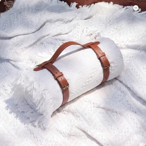 Frienda 70 x 102 Inch Extra Large White Outdoor Picnic Blanket Woven Cotton Yarn Blanket with Fringe and Leather Storage Strap Boho Decor for 6 to 8 Camping Lawn Wedding Photoshoot Beach Park Grass - color: White, size: 70 x 102 Inch