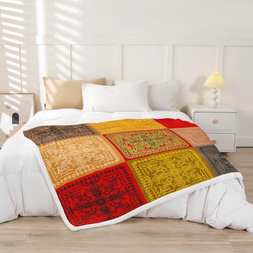 Feelyou Boho Fleece Throw Blanket Queen 90"x90" Vintage Aztec Print Plush Sherpa Blanket Southwesten Bohemia Orange Yellow Room Decor - color: Orange Yellow, size: Queen