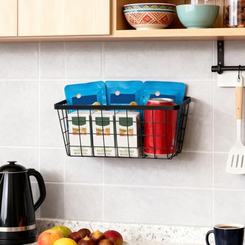 4 set Hanging Wall Basket Organizer,Over the Cabinet Door Wire Baskets for Organizing -Space-Saving Hanging Baskets for Organizing,Wall Mount Storage,No Drilling Adhesive Wall Storage Basket, Black - color: Black-New, size: 4 PACK