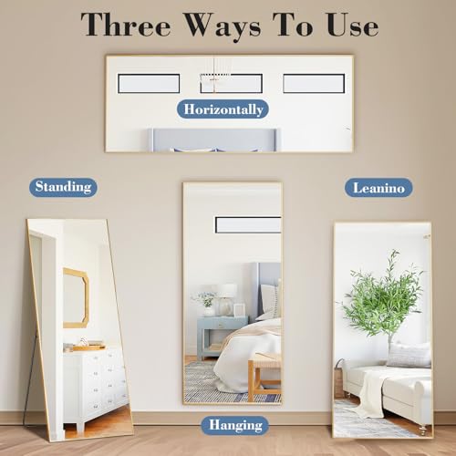 DUMOS Full Length Mirror with Stand, 56"x15" Floor Mirror with Aluminum Alloy Frame for Bedroom, Standing Full Body Mirrors with Shatter-proorf Nano Glass for wall, Living Room, Cloakroom, Gold - color: Gold-rect Edge, size: 56"L x 15"W