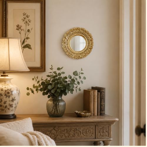 Golden Mini Vintage Mirror with Exquisite Relief Elegant Wall Decor for Bedroom Dresser Table Compact Resin Retro Design (Gold Round, 5X5) - color: Gold Round