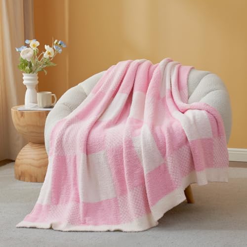 Snuggle Sac Checkered Blanket, Baby Pink Throw Blanket for Couch Plaid Microfiber Fluffy Warm Cozy Fuzzy Soft Throw Blanket Reversible Checkered Blankets for Sofa, Chair, Bed, 50x60 inches - color: Baby Pink, size: Throw(50"x60")