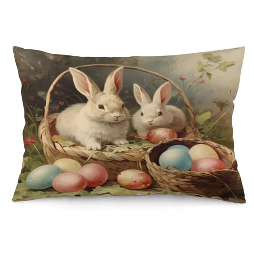 Pillow Protector Vintage Easter Bunnies Eggs Throw Pillow Case Cushion Cover 16 "x24 Happy Easter Rabbit Spring Flower Holiday Cute Throw Pillows Zipper Pillowcase for Bedroom Living Room - color: Pattern-6, size: 24" x 16" (Pack of 1)