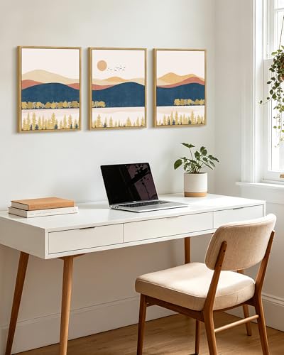 KUVIOKE Bohemain Mountain Landscape Framed Wall Art Watercolor Nature Artwork Painting Boho Farmhouse Rustic Home Decor 12x16in (Natural Framed) - color: Mountain and Laker, size: 12 x 16in x 3 Panels Natural
