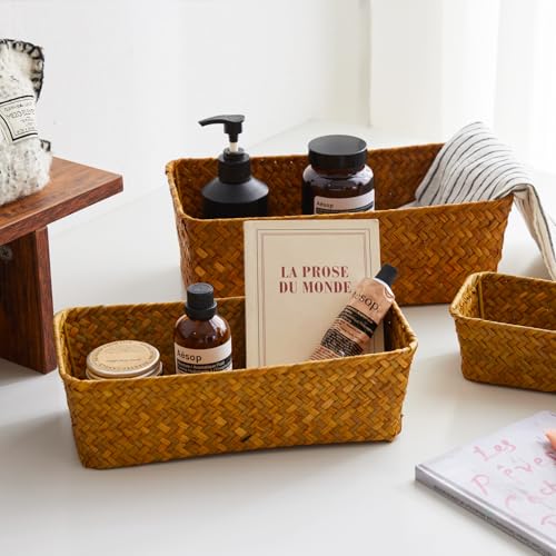 Seagrass Storage Basket, Stackable Open Woven Baskets Bins Container for Organizing Shelves Bedroom Living Room, Set of 3, Natural - size: 3pcs Medium