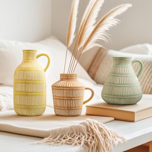 Boho Ceramic Vase Set of 3 for Living Room Bedroom Modern Yellow Brown Green Fake Flower Plant Vases for Home Decor Office Centerpieces Antique Retro Rustic Farmhouse Vintage Classic Gift - color: Multicolor