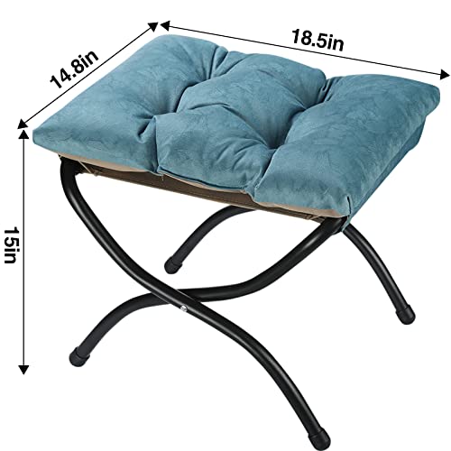 15" Foldable Foot Stool Ottoman with Metal Frame - Washable Blue Upholstered Indoor/Outdoor Footrest for Living Room, Bedroom, Patio - Space-Saving Compact Design - color: Blue