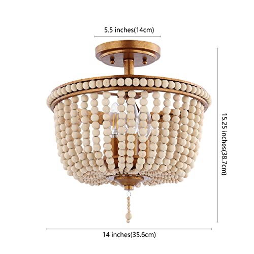 JONATHAN Y 14" Antique Gold/Light Taupe Wood Beaded LED Semi Flush Mount Light, Boho Farmhouse 3-Light Ceiling Chandelier with Cream Wood Bead Shade for Nursery, Bedroom (JYL9020C) - color: Antique Gold/Light Taupe