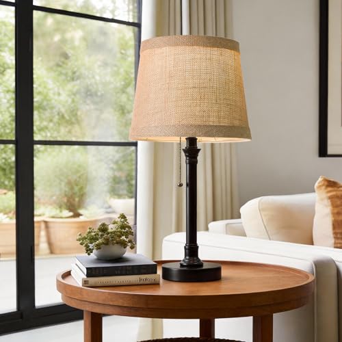 Oneach 19.5" Black Table Lamp Set of 2, Small Bedside Table Lamps with Unique Natural Shade, Pull Chain Switch, USB A+C Charging Ports, Rustic Nightstand Lamps for Living Room, Bedroom, Nursery - color: Black USB-2Pack