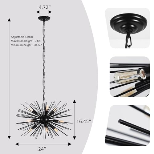 24in Black Sputnik Chandelier Light Fixture Over Table Modern 9-Lights Starburst Chandelier Solid Metal Satellite Sputnik Light Fixture for Dining Room, Kitchen Island, Bedroom,Foyer,Entryway - color: Black 24" 9-Light