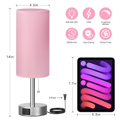 Dicoool Small Bedside Table Lamp for Bedroom, Pink Nightstand Lamp for Girls Kids, 3 Color Temperatures & USB Charging Port, Cute Desk Lamp for Teens Room Decor, Dorm Room Essentials - color: Pink-Silver