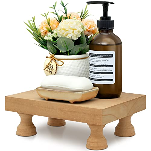 EOSAHR Modern Farmhouse Wood Riser for Display : Decorative Pedestal Stand for Home & Kitchen Decor and Retro Soap Stand for Sink - Rustic Bathroom Counter Tray and Countertop Organizer (Light Brown) - color: Light Brown - Paulownia Wood