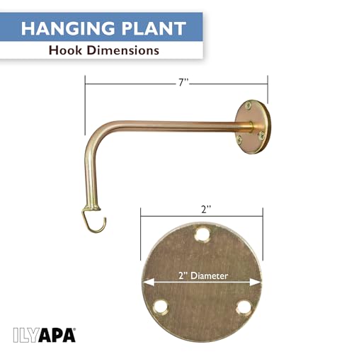 Ilyapa 4 Pack Metal Plant Wall Hanger Hooks - 7 in. Hook for Hanging, Baskets, and Macrame, Indoor Hangers in Rustic Brass Finish, Wall Planters