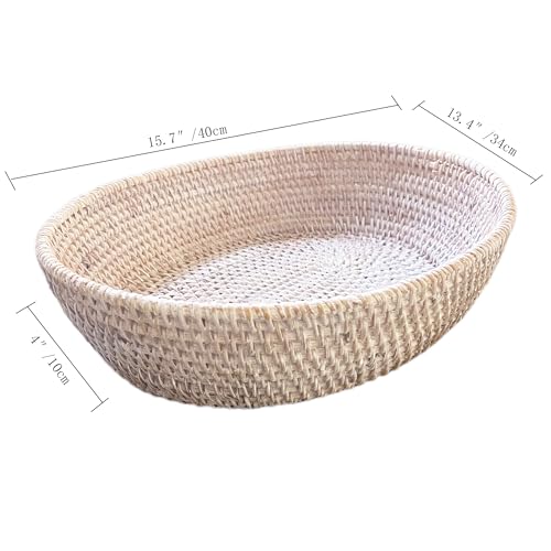 amololo16" Oval White Rattan Fruit Serving Basket with 4inch High Wall,Home Décor Wicker Basket Tray Large Rattan Dining Table Centerpiece Bowl for Various Things,Bread,Snack,Odds and Ends - color: Wash White(15.7"x13.4x4")