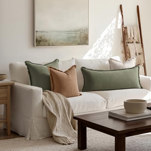 MIULEE Decorative Throw Pillow Covers Neutral Linen Fringe Throw Pillows Set of 1 Olive Green Boho Farmhouse Cushion Covers for Couch Sofa Bed Living Room Spring Home Decor 14x36 Inch - color: Olive Green
