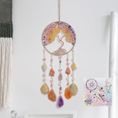 Agate Moon Dream Catchers with Crystal Color Gemstone Dream Catchers Natural Tree of Life Gem Agate Wall Hangings Room Garden Dreamcatchers Decor (Color) - color: Dusk