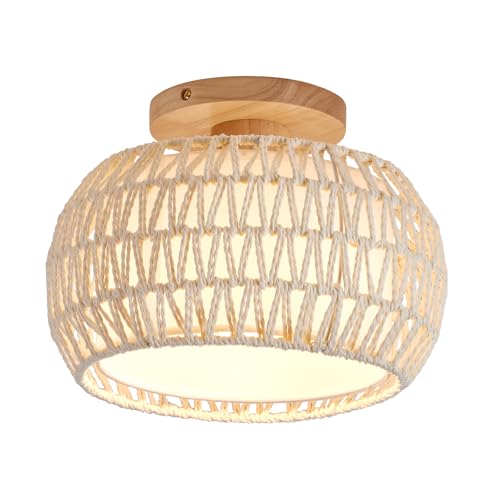 Boho Rattan Ceiling Light Fixture - 3 Style Options Wicker Semi Flush Mount Ceiling Lights,Beige Coastal Light Fixtures,Bohemian Woven Basket Chandelier for Hallway Bedroom Nursery Kitchen Laundry - color: Beige