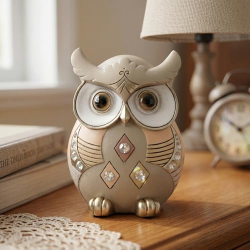 Owl Statue Home Decor, Vintage Resin Figurine with Crystals for Shelf, Boho Decorations for Living Room Office Desk, Unique Gifts for Women Bird Lovers - color: Multicolor