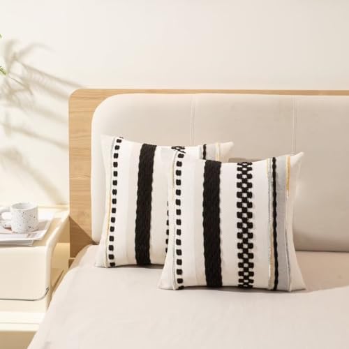 Boho Throw Pillow Covers 18x18 Set of 2 Farmhouse Decorative Cushion Case Striped Square Pillows Cover Chenille Pillow Cases Accent Neutral Pillowcase for Sofa Couch Bed,Black - color: Black Stripe 1